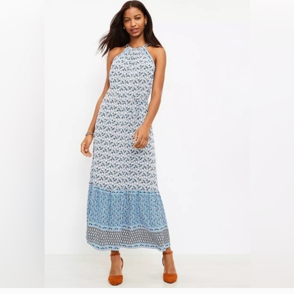 LOFT Boho Border Flounce Halter Maxi Dress Size Medium, RN#140923,NWOT